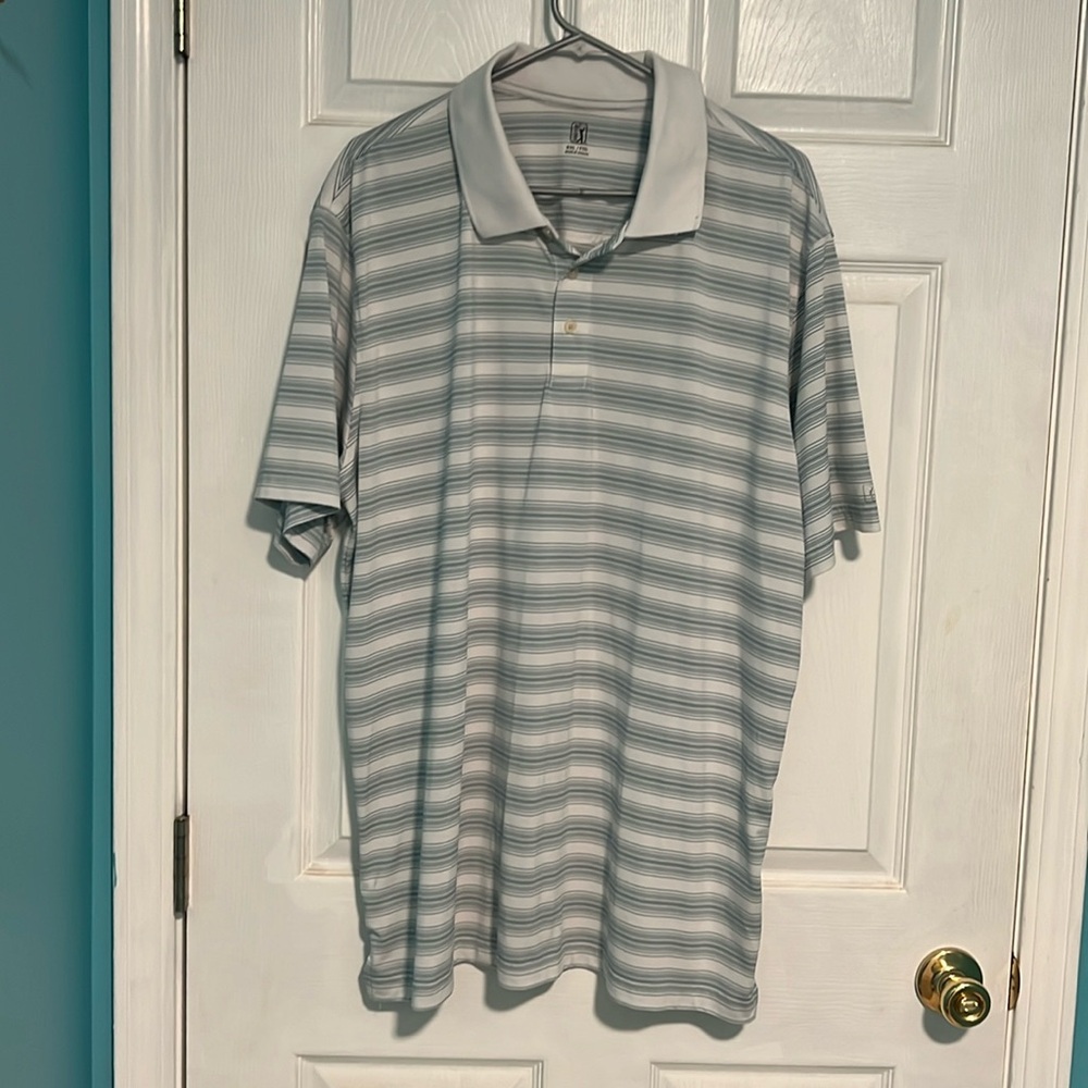 PGA Tour Golf Polo white with teal stripes